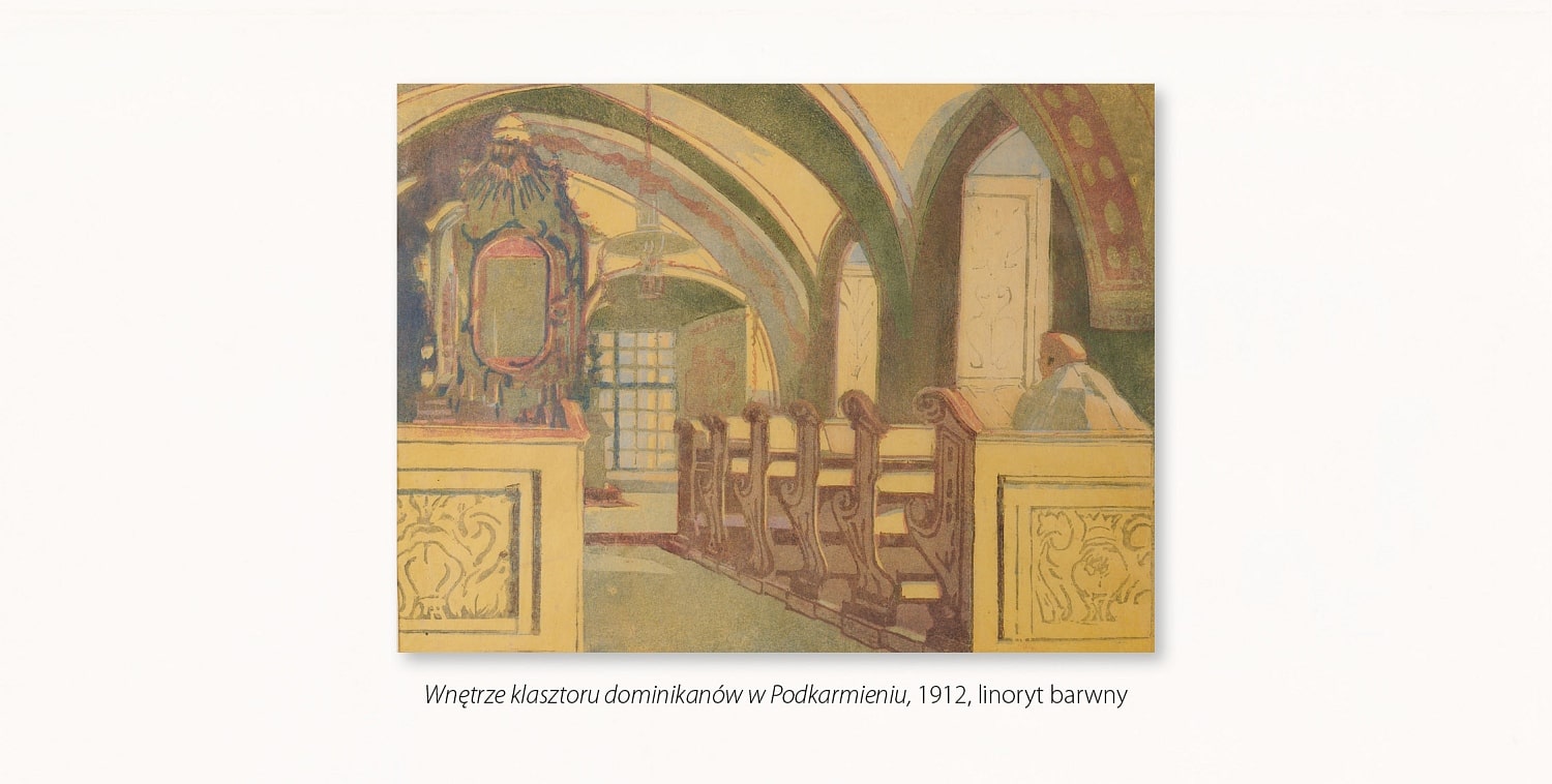 Wnętrze klasztoru dominikanów w Podkamieniu, 1912, linoryt barwny przedstawia wnętrze o sklepieniu krzyżowo-żebrowym, z dwoma rzędami ławek i ołtarzem w głębi, w ławce po prawej stronie siedzi mnich w białym habicie, całość w pastelowych barwach